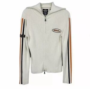 Harley Davidson Cream ribbed knit 
Zip-Up sweater,Striped Sleeves.